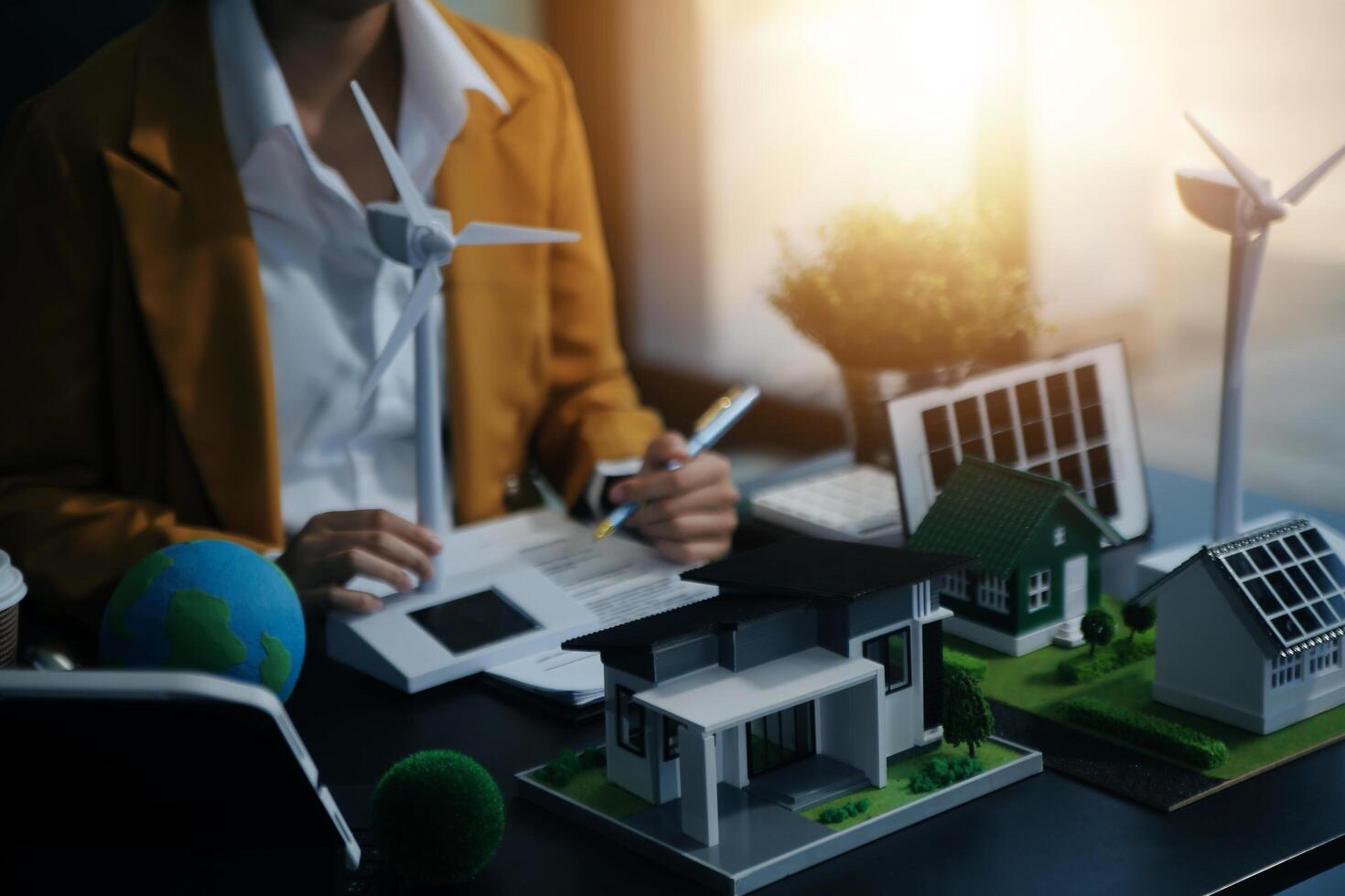 Carbon offset price report CO2 emission. Future growth Net zero waste in ESG ethical SME office protect climate change global warming social issues project. Group of asia people Eco friendly SDGs plan photo