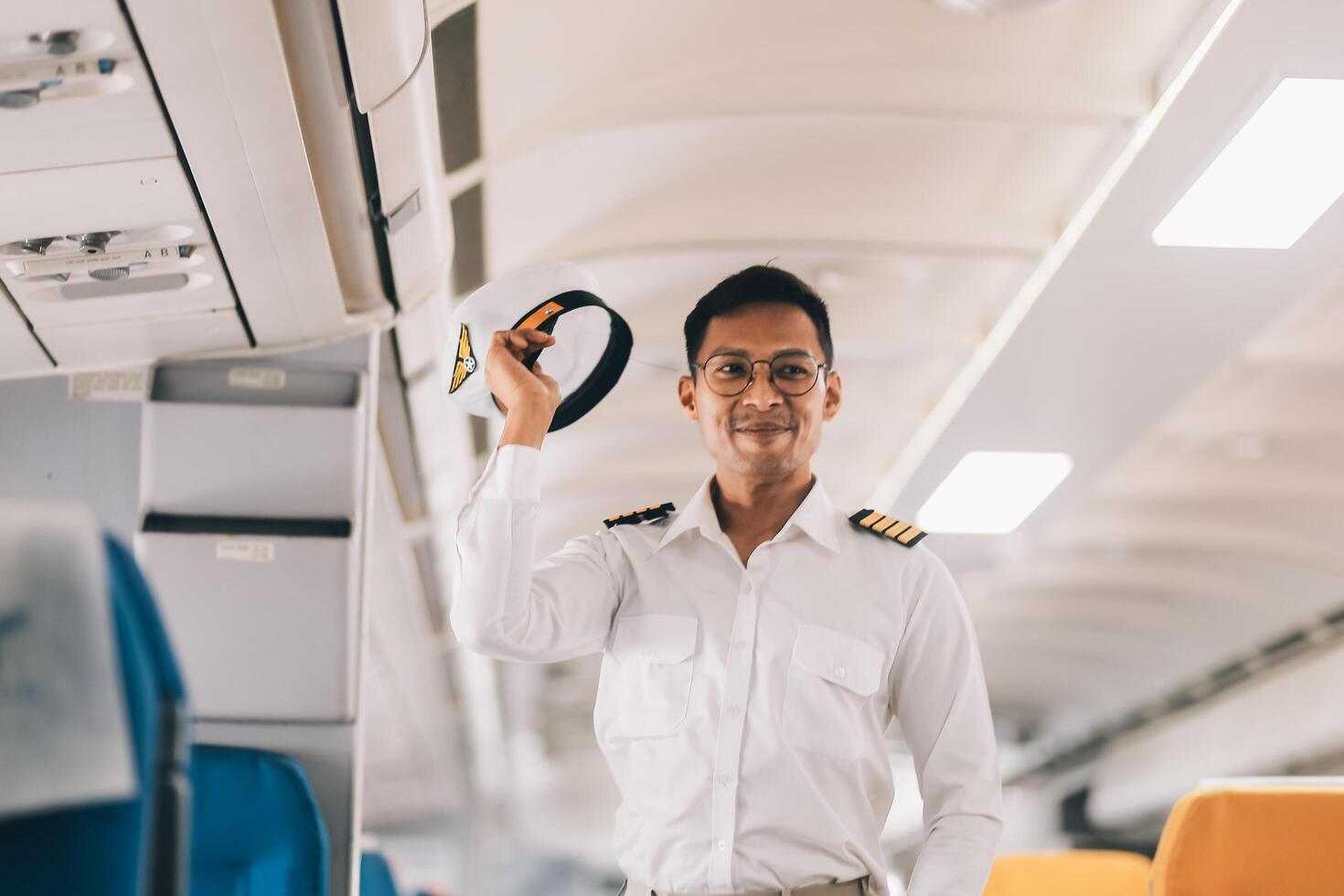 Portrait of a trained airplane captain in uniform preparing to fly in a simulator cockpit. photo
