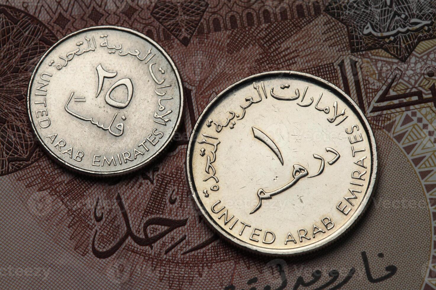 Coins and paper coins of the United Arab Emirates, which is the UAE dirham photo