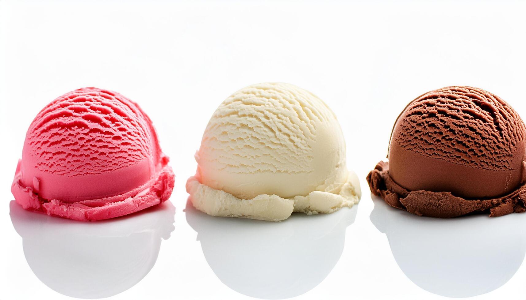 Strawberry, vanilla, chocolate different flavor ice cream scoops side view on white background photo