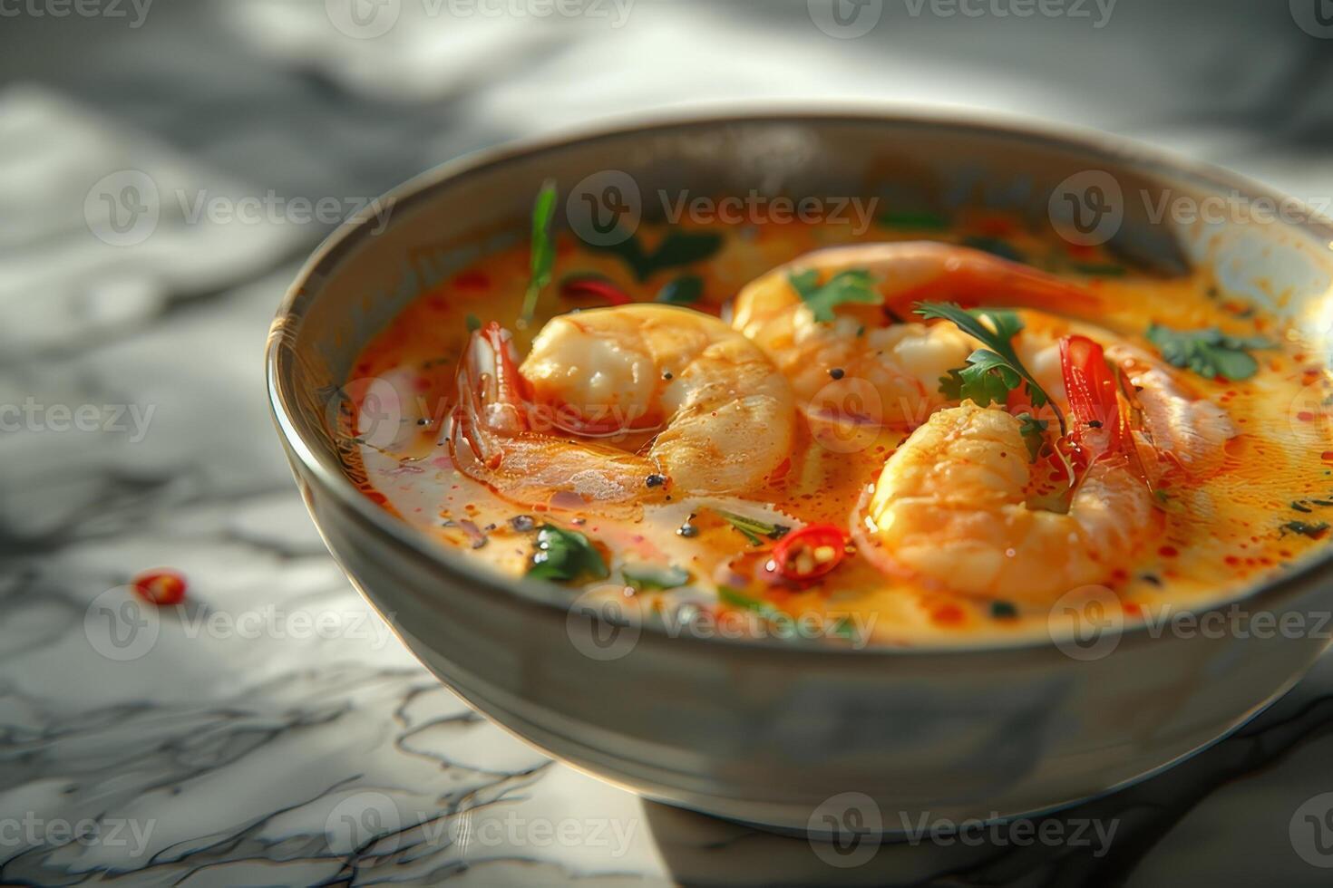 Tom yum soup with shrimps and basil in bowl, closeup. Thai food photo
