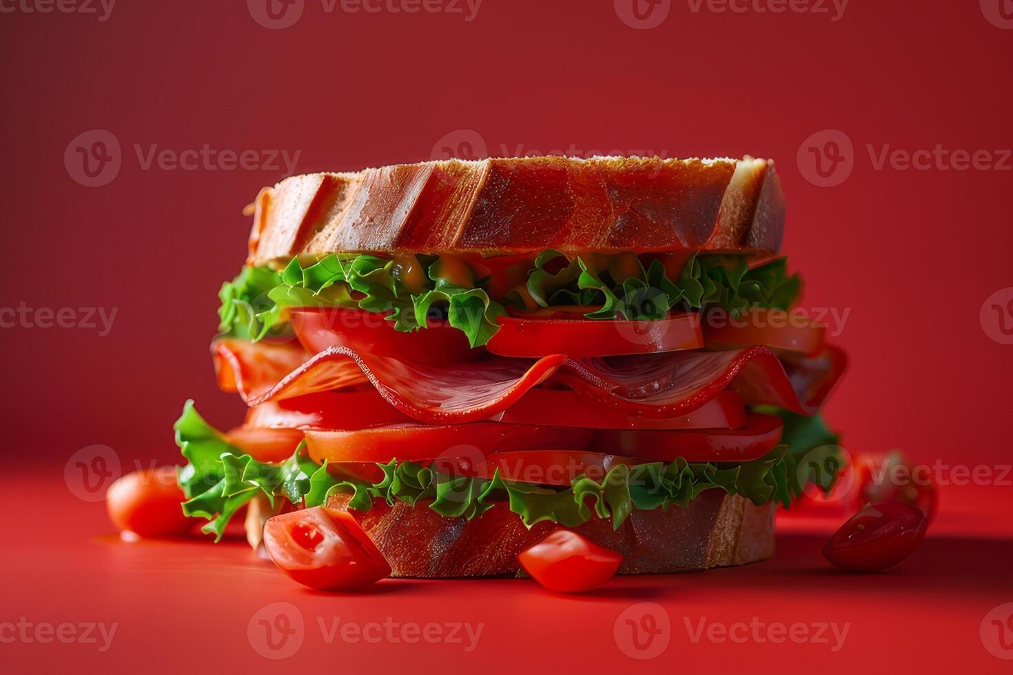 Sandwich with beef, cheese, tomato and lettuce on red background photo