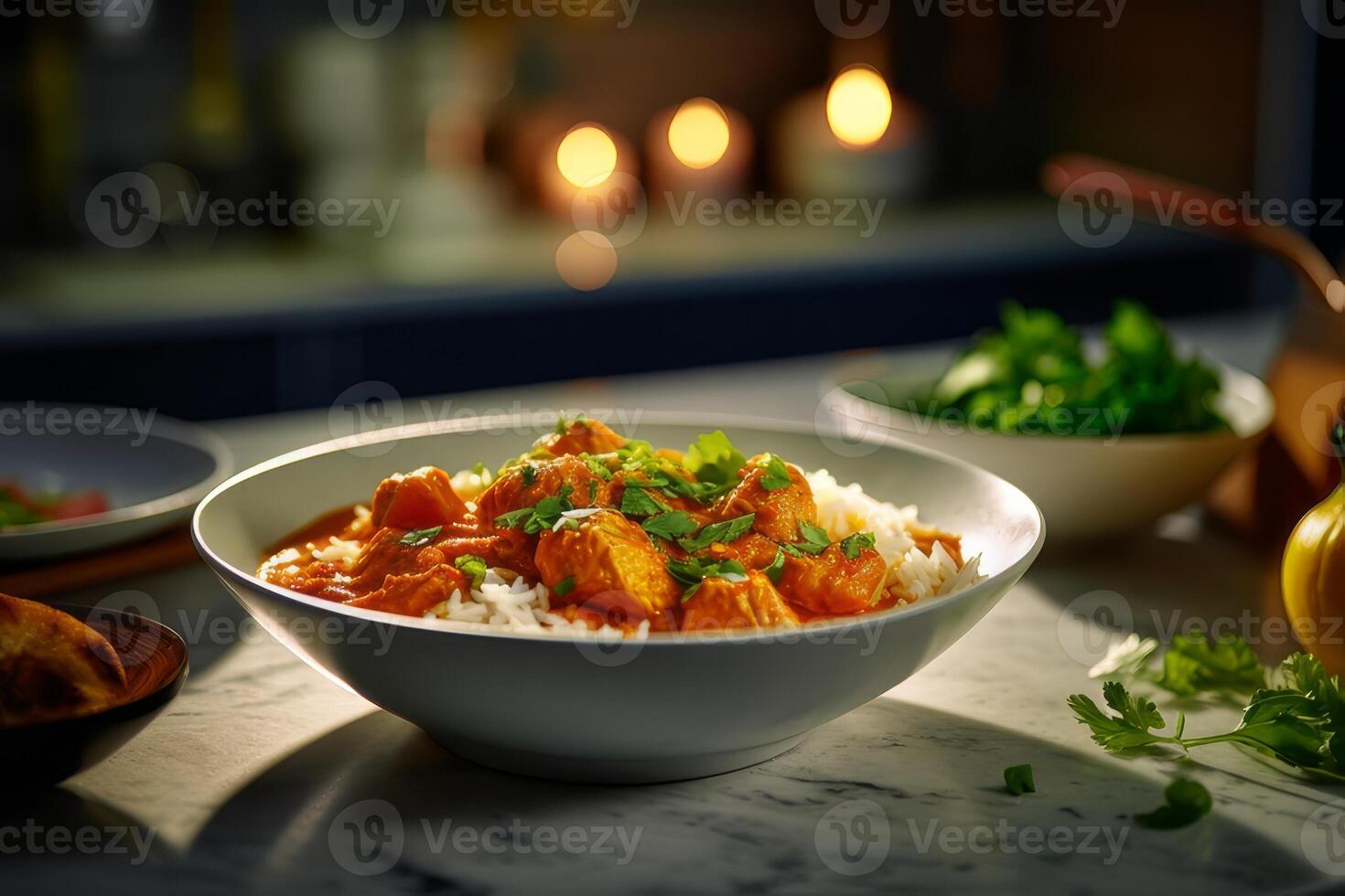 Japanese curry with rice and chives in a bowl on the table. Rice with curry and chicken in a bowl photo