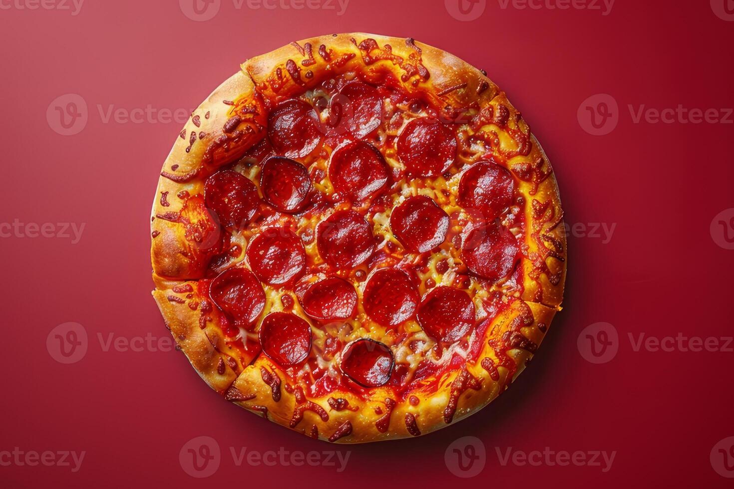 Pepperoni pizza on red background, top view, copy space photo