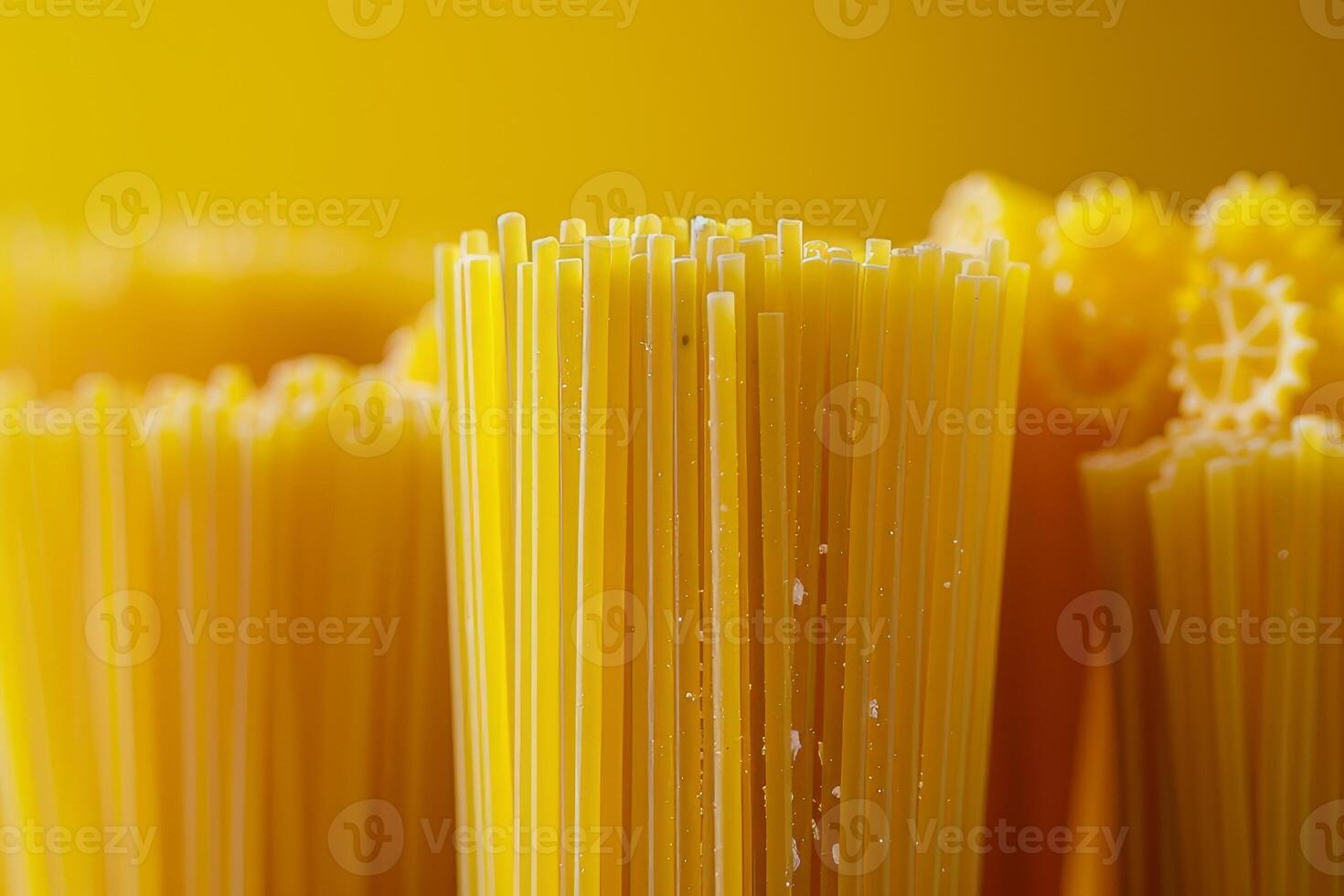 Close up of uncooked spaghetti pasta on yellow background. Selective focus. photo