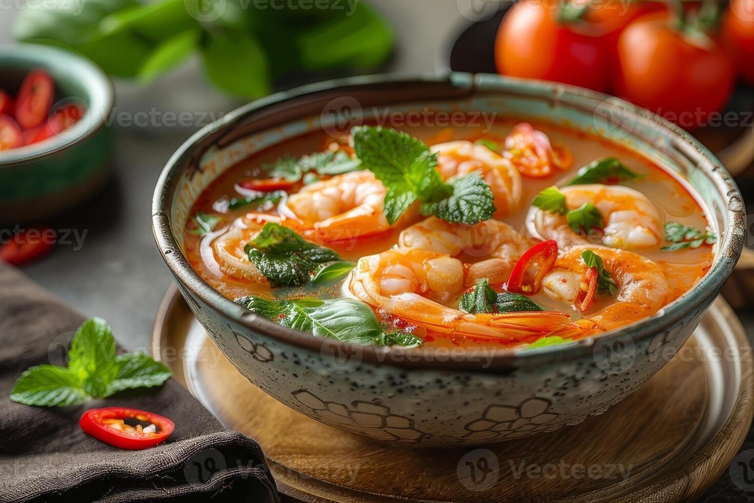 Tom yum soup with shrimps and basil in bowl, closeup. Thai food photo