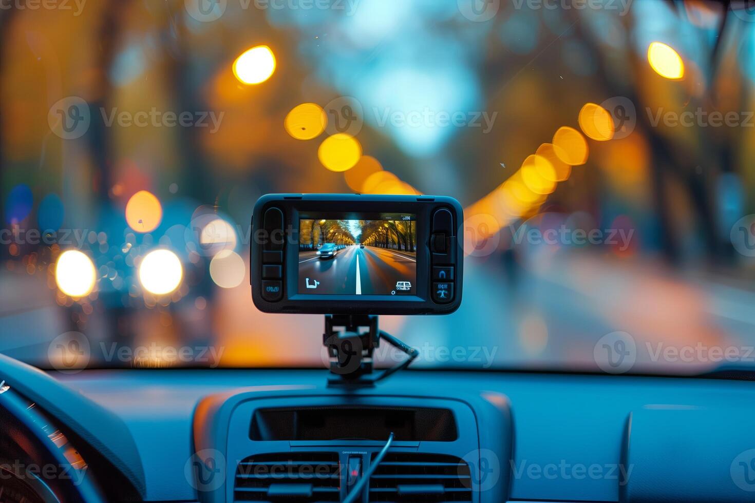 Modern dashboard camera in a car, view of road during driving photo