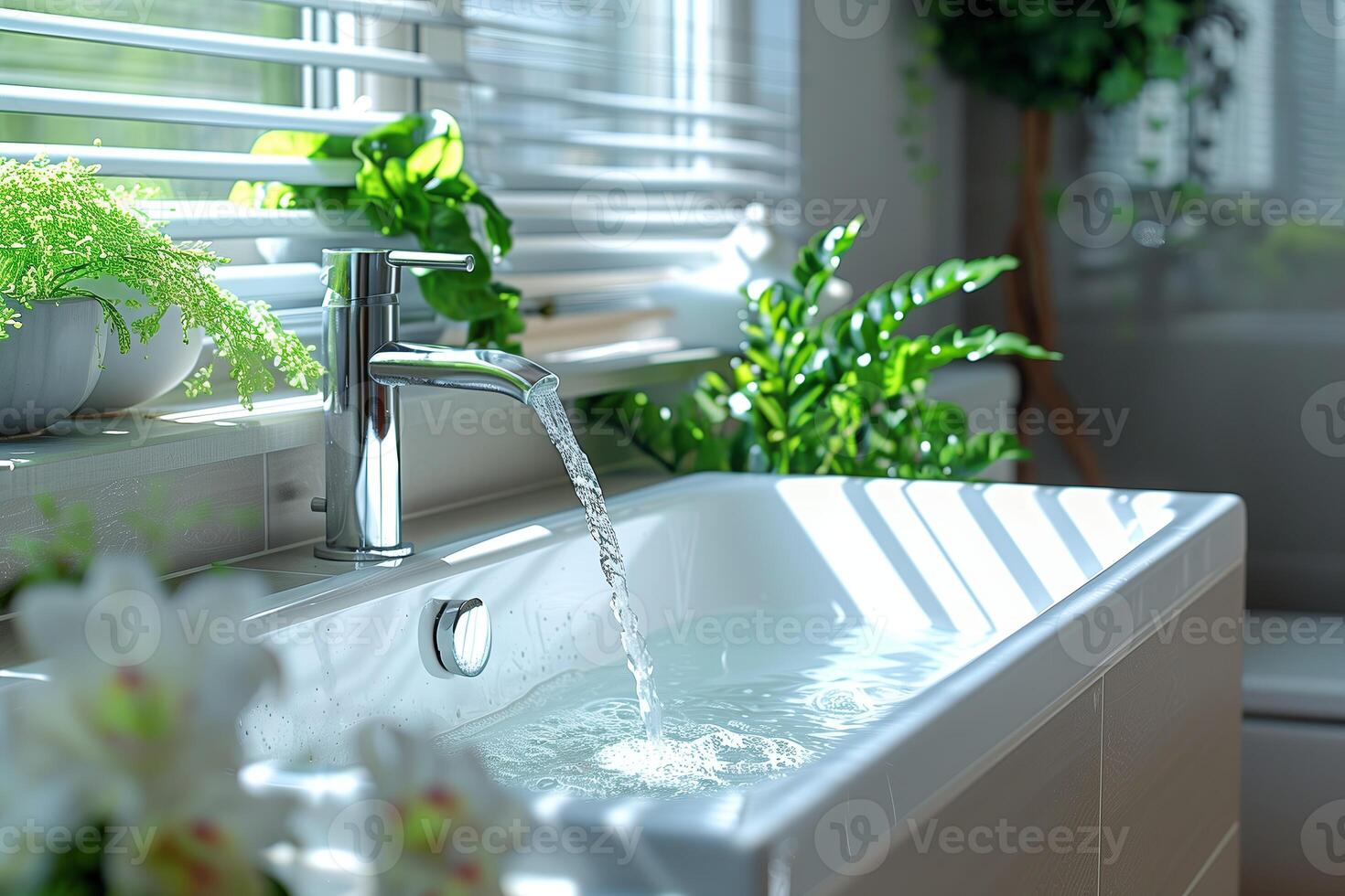 Modern faucet with running water in bathroom, closeup. Interior design photo