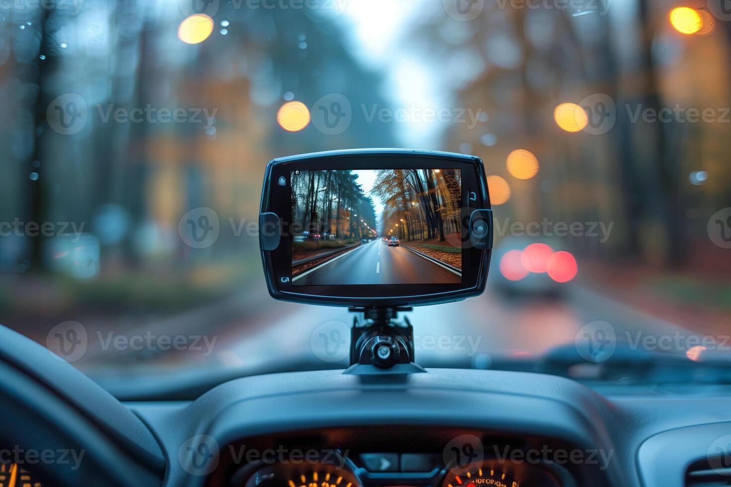 Modern dashboard camera in a car, view of road during driving photo