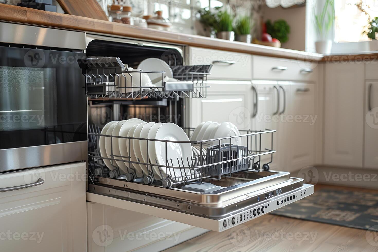 Dishwasher machine with clean dishes in modern kitchen, closeup photo
