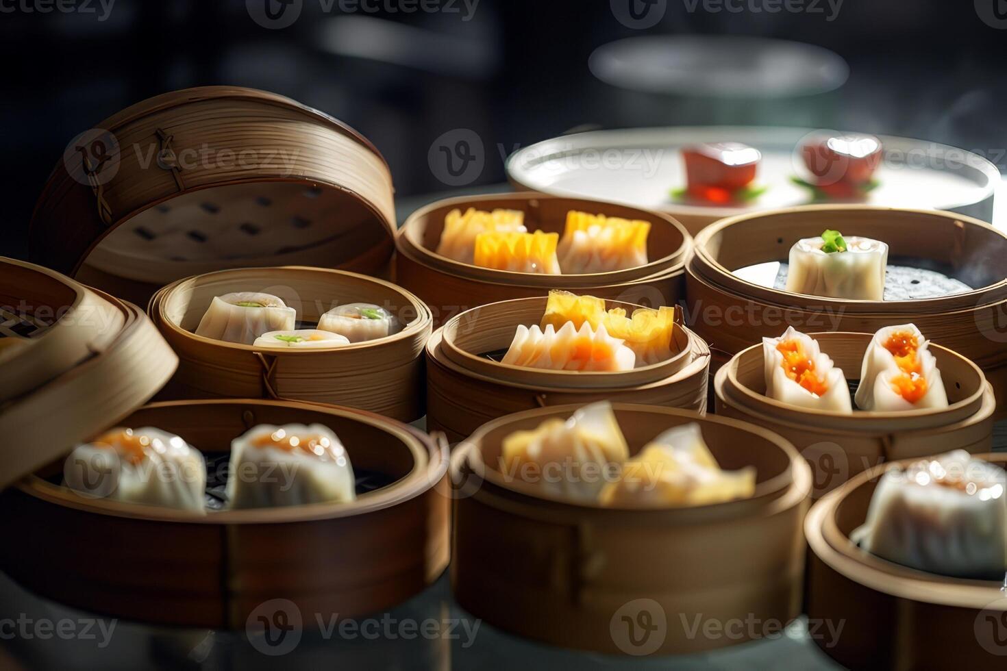 Chinese dim sum dumplings in bamboo steamer photo