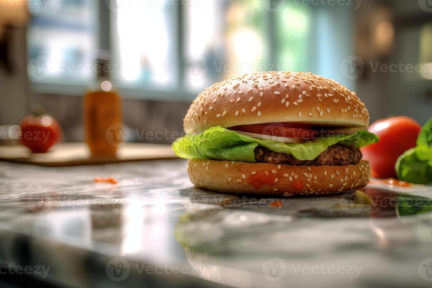Hamburger with tomato and lettuce on the table in the kitchen photo