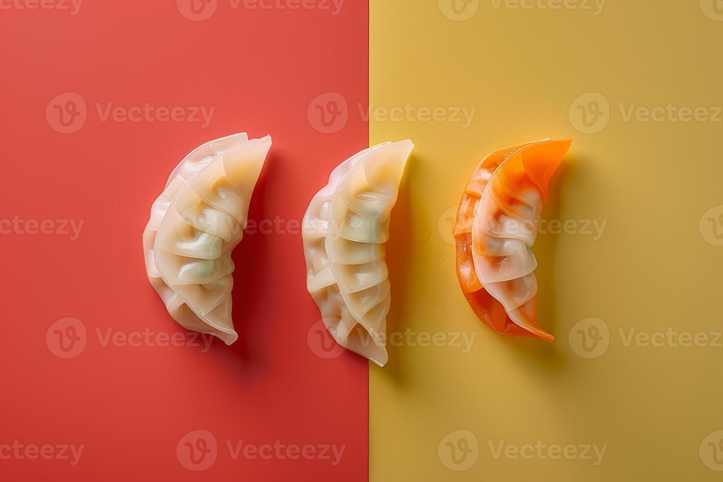 Japanese gyoza dumplings on red and yellow background, top view photo