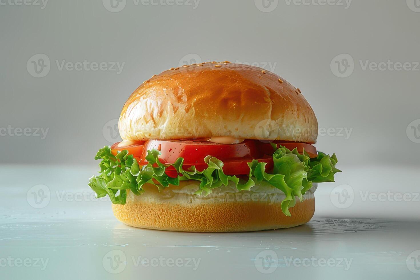 Hamburger with tomato and lettuce on the table in the kitchen photo