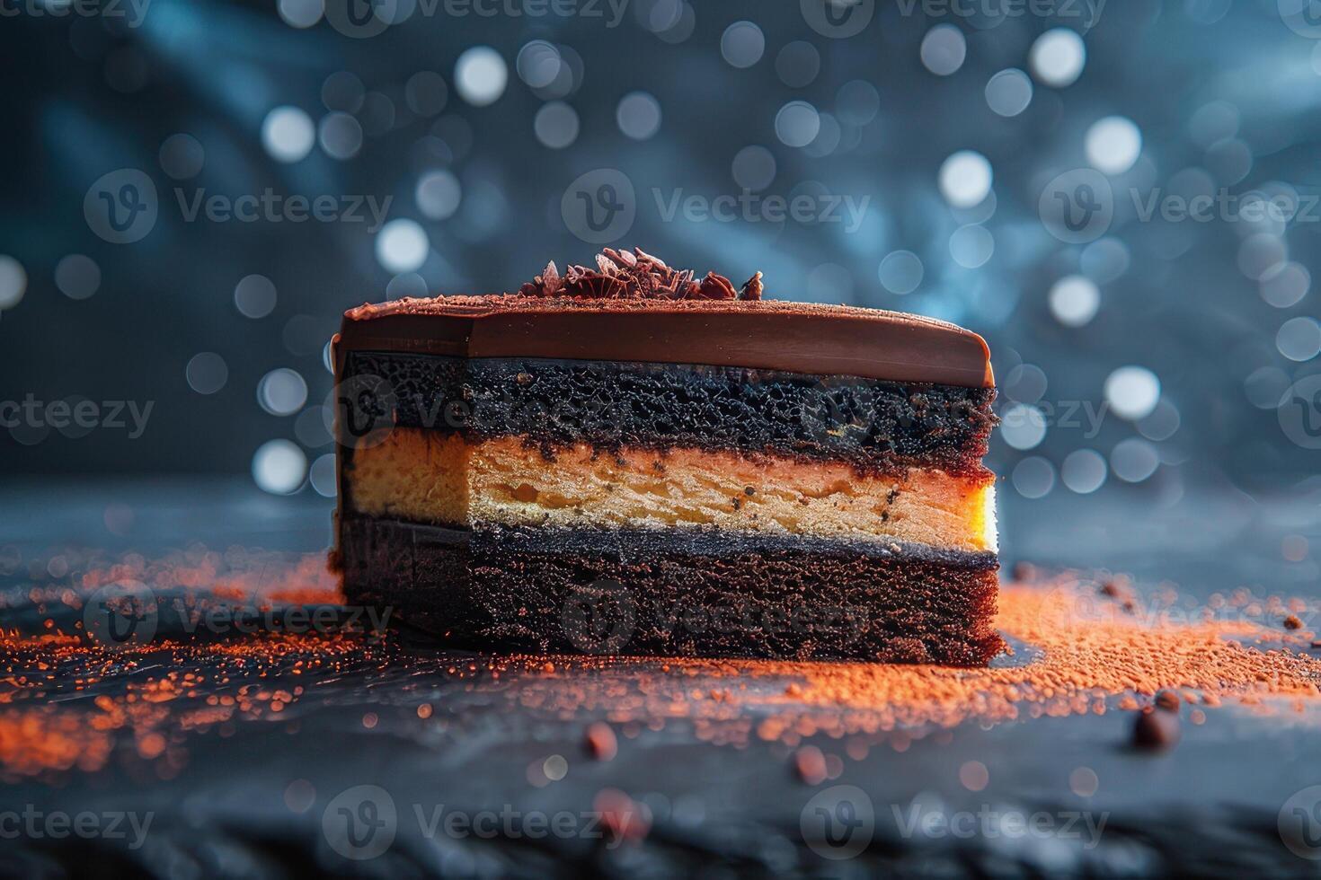 Chocolate cake with cream and chocolate sprinkles on a dark background photo