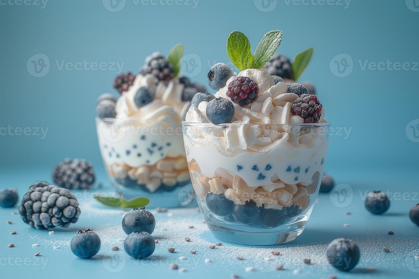 Healthy breakfast with muesli, yogurt and berries on blue background. Cup of Bingsu photo