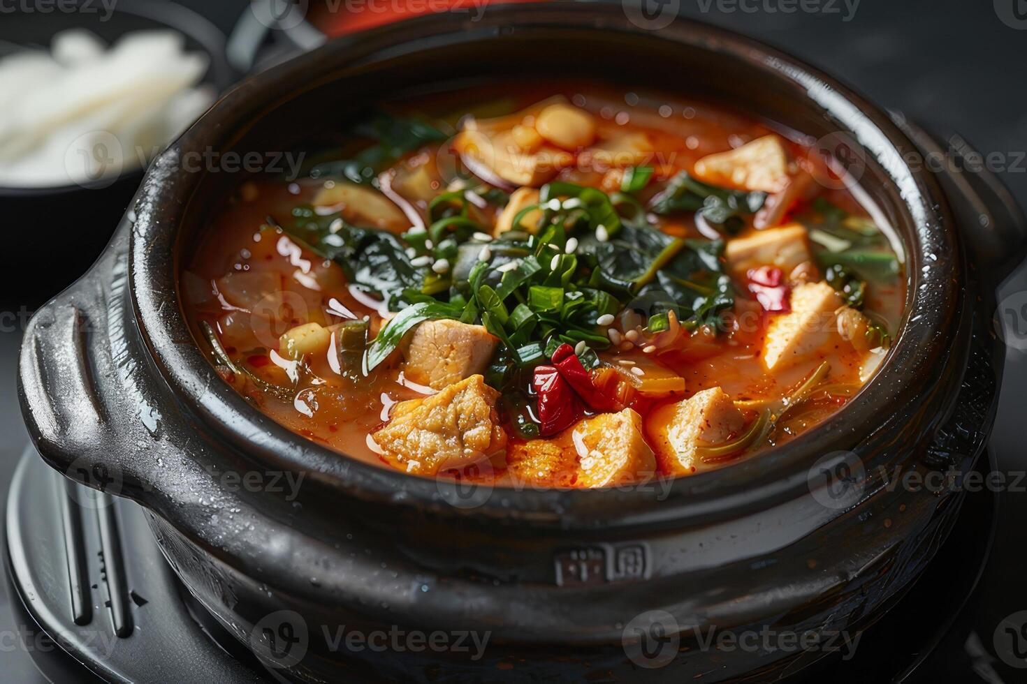 Sundubu jjigae with tofu, green onion, and kimchi in a clay pot. Korean food photo
