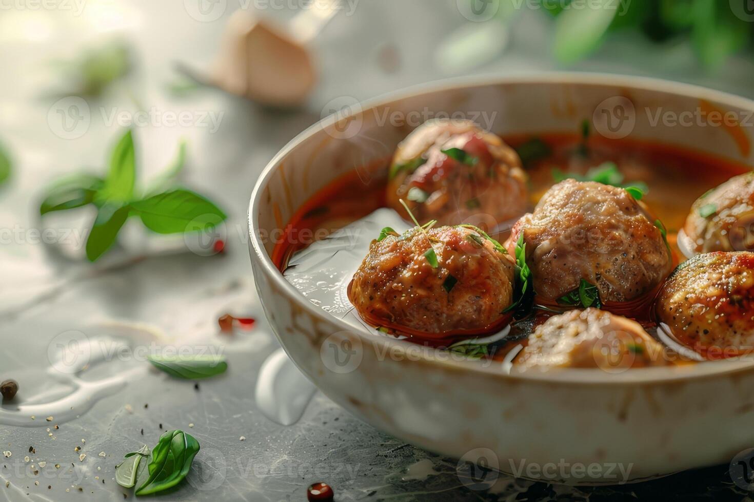 Delicious meatballs with sauce in bowl on table, closeup photo