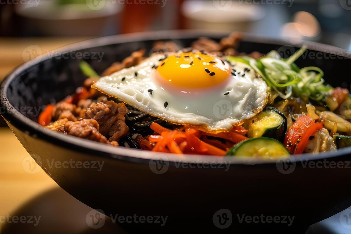 Bibimbap with rice, vegetables and egg in bowl photo