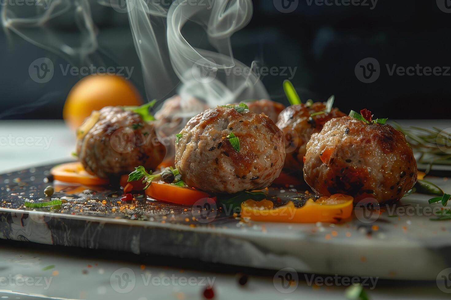 Delicious meatballs on black plate, closeup photo