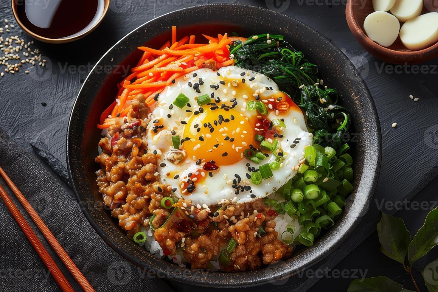 Bibimbap with rice, vegetables and egg in bowl photo