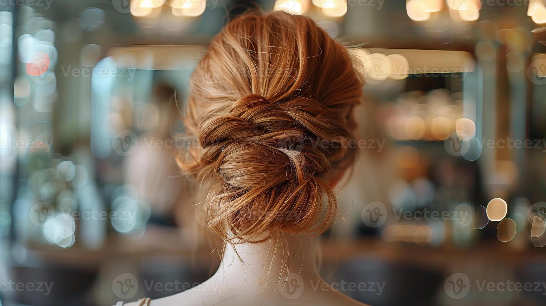 Back view of beautiful girl with curly hairstyle, bun, ginger hair photo