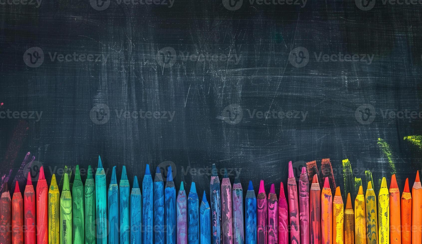 Colorful Crayons on Blackboard Background with Artistic Chalk Marks and Patterns photo
