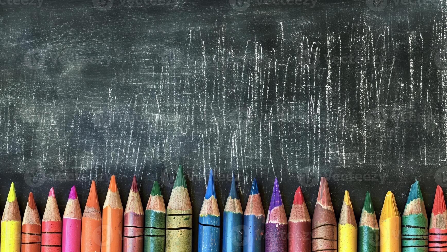 Colorful Crayons on Blackboard Background with Artistic Chalk Marks and Patterns photo