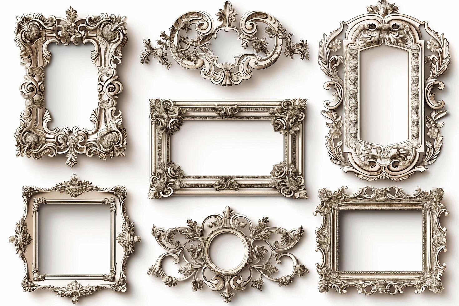 A collection of ornate, vintage-style picture frames with intricate designs and floral patterns, arranged on a white background, showcasing their detailed craftsmanship photo