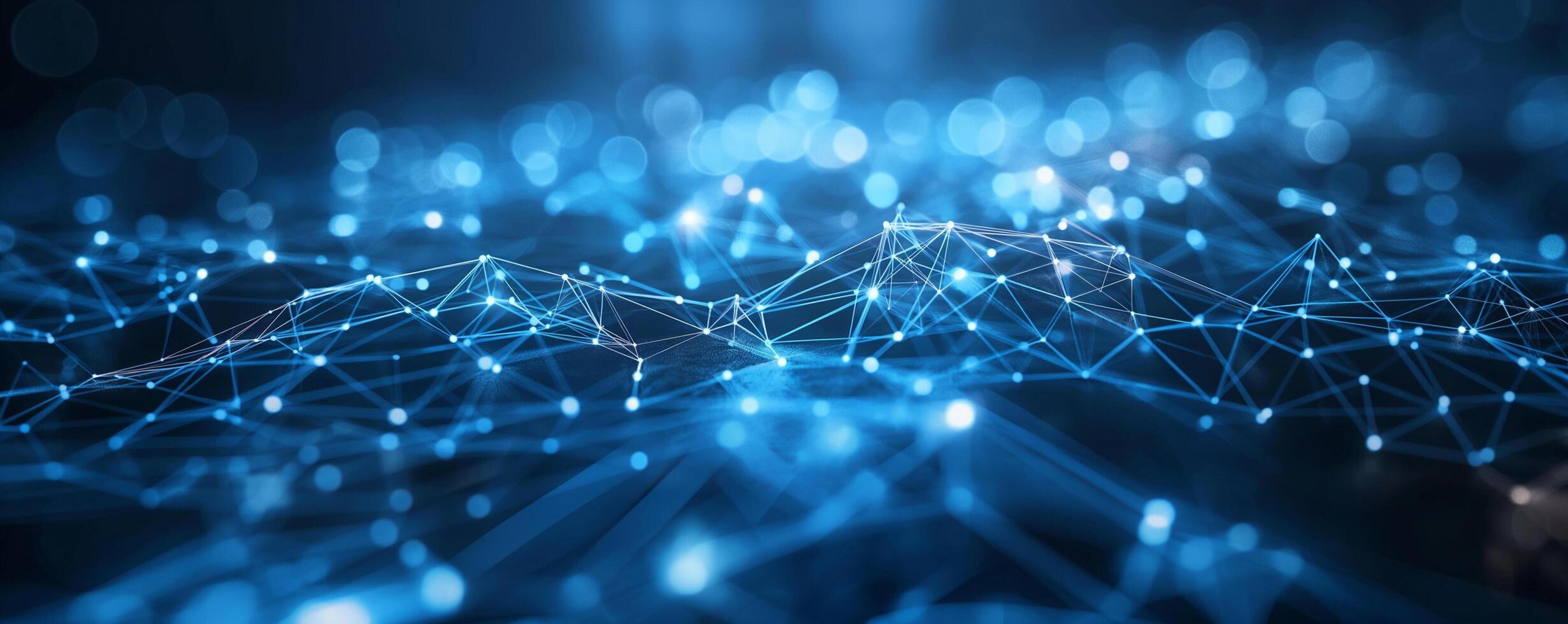 A network of interconnected blue glowing nodes and lines forming a complex digital web, illustrating data connections and advanced technology concepts photo