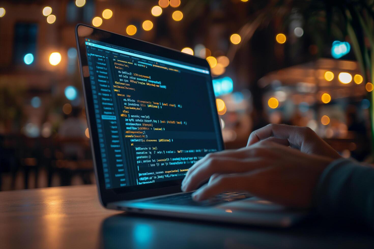 Hands typing on a laptop displaying code in a dimly lit cafe with a warm, ambient background, portraying a modern tech workspace environment photo