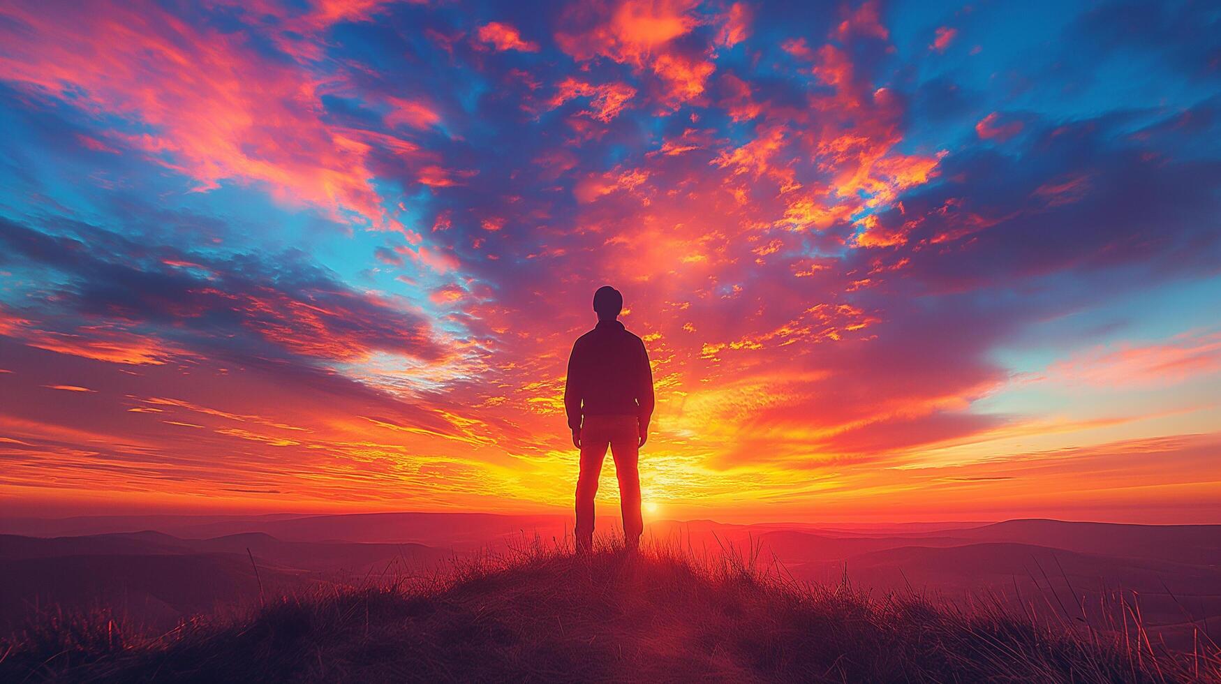 Man silhouetted against a stunningly colorful sunset sky photo