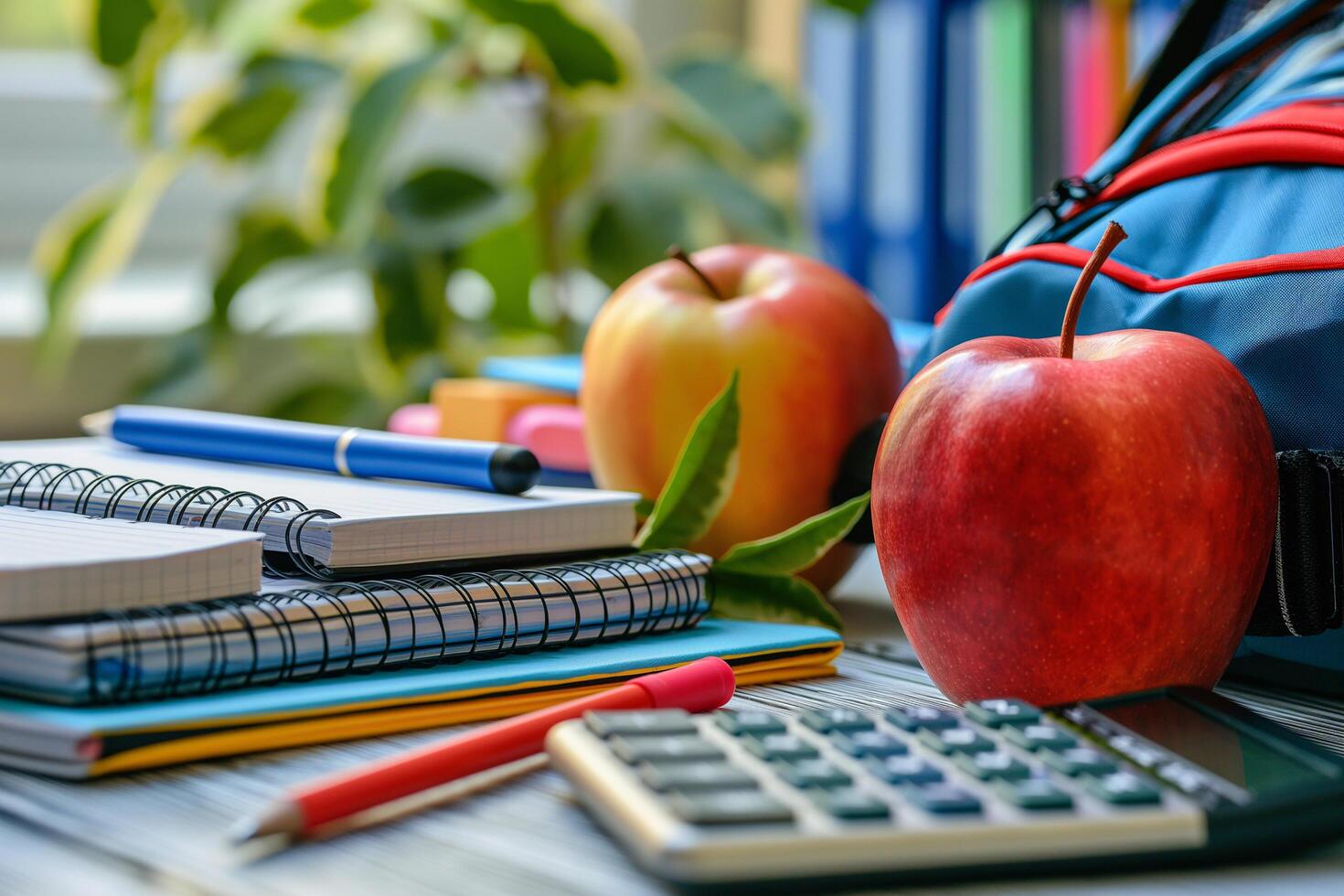 School supplies with apples on a desk, books in background photo