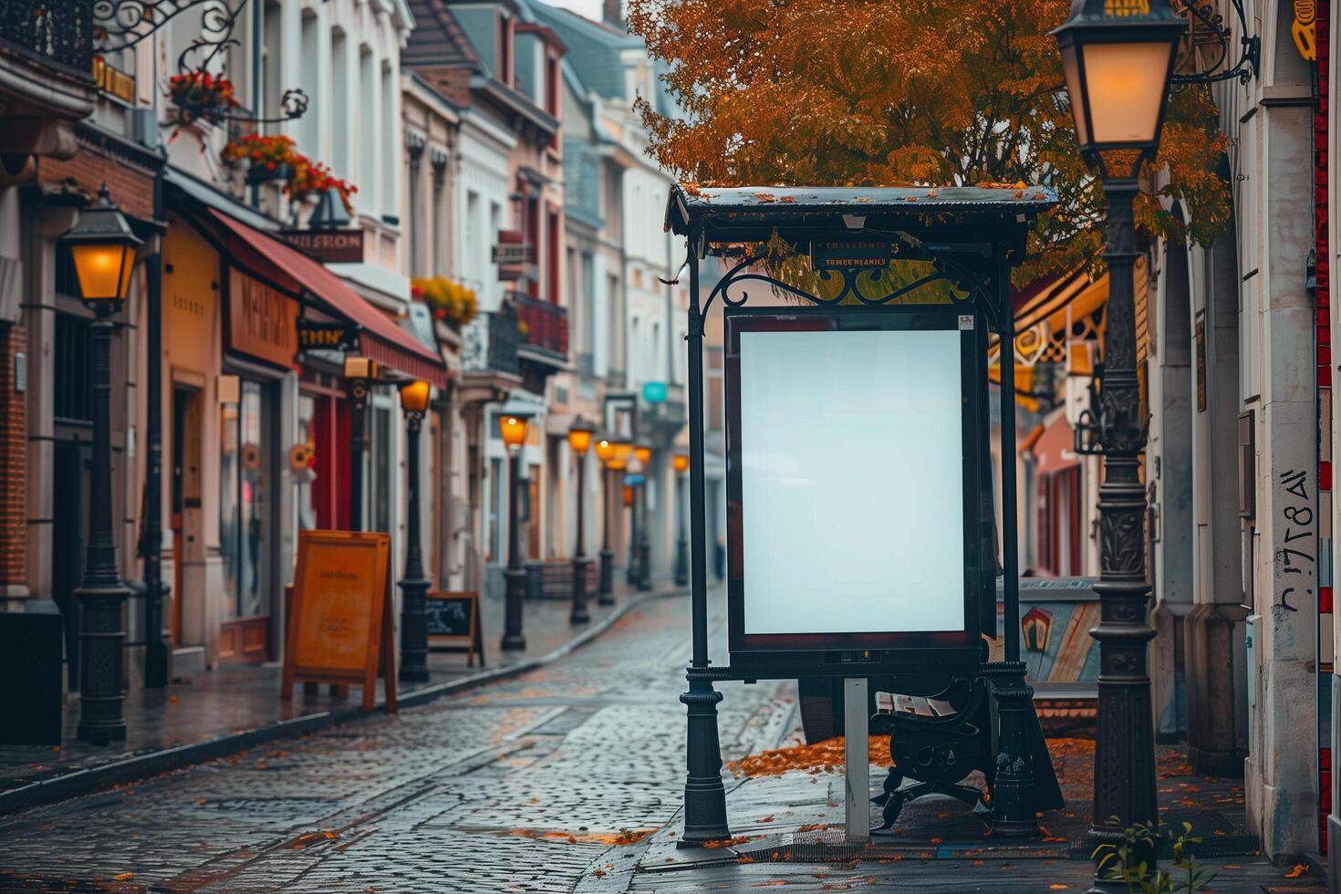 A quaint, cobblestone street lined with charming buildings and autumn foliage, featuring a blank street billboard illuminated by vintage street lamps photo