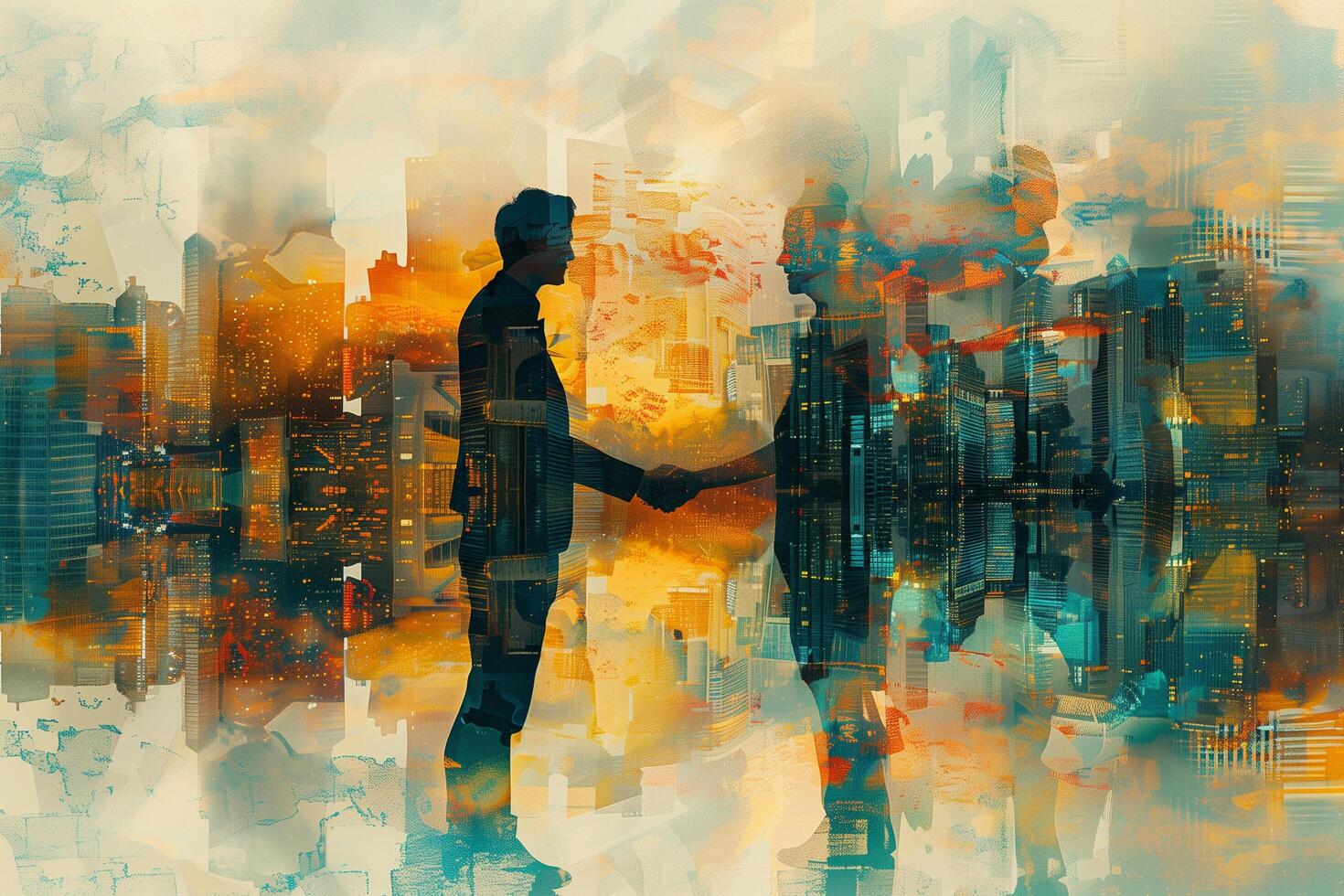 Abstract artwork blending a cityscape with the silhouette of two businessmen shaking hands photo
