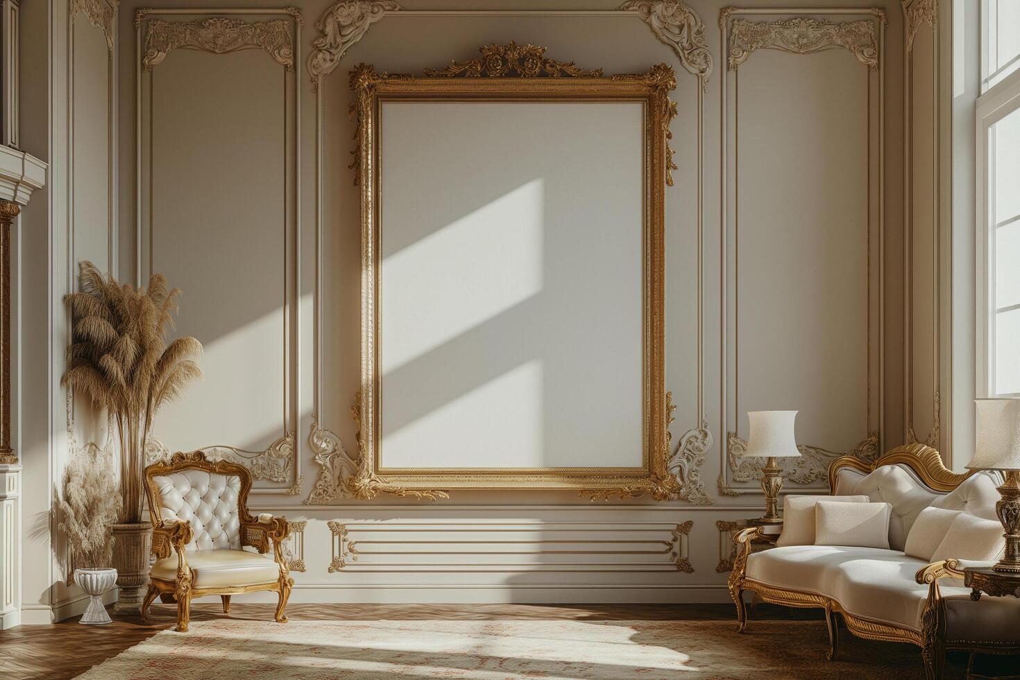 Elegant room with golden frames and classic furniture, sunlight streaming through windows photo