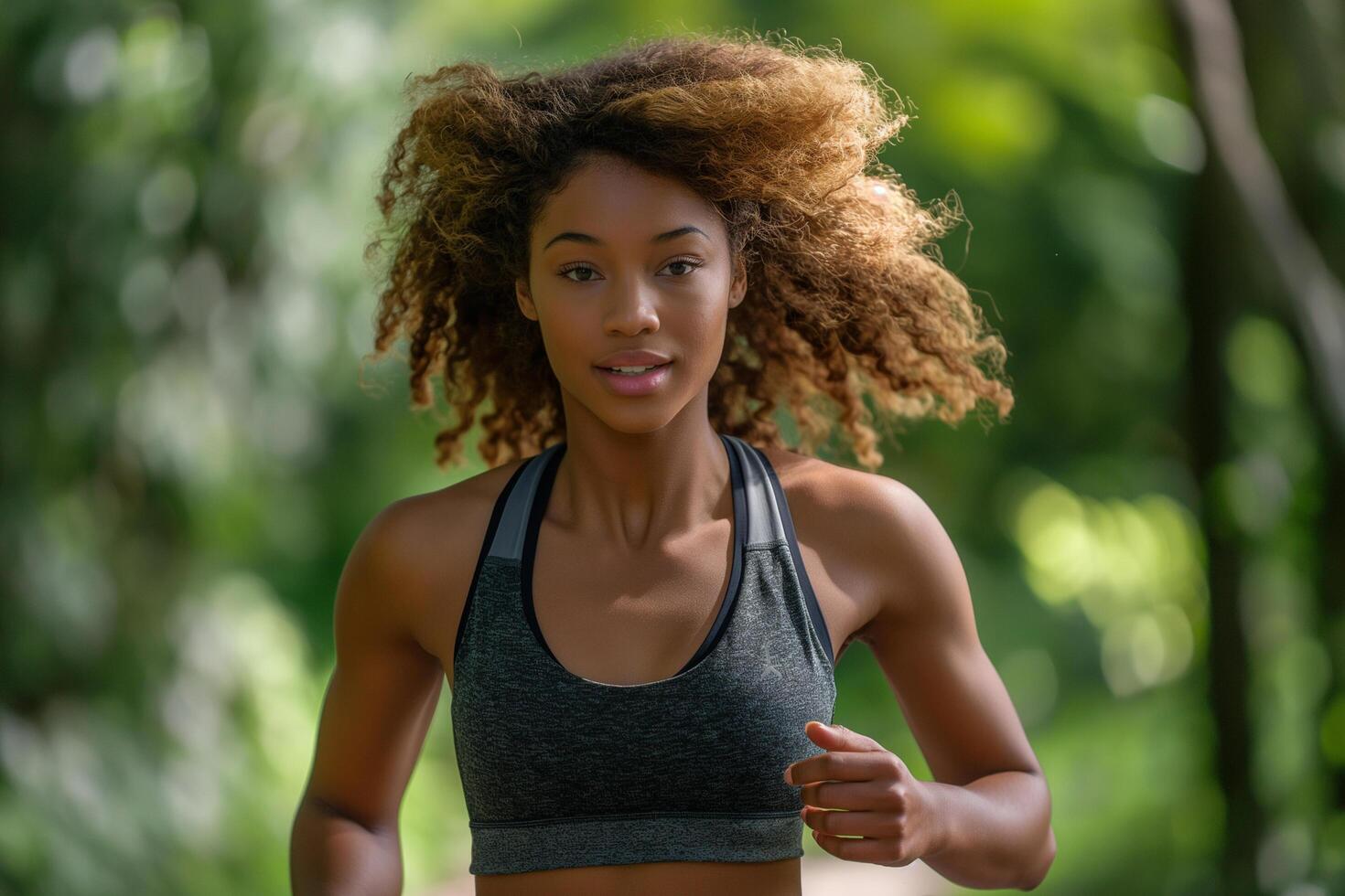A young woman with curly hair runs outdoors in a green, leafy setting, wearing a gray sports bra, exuding energy and fitness in a natural environment photo