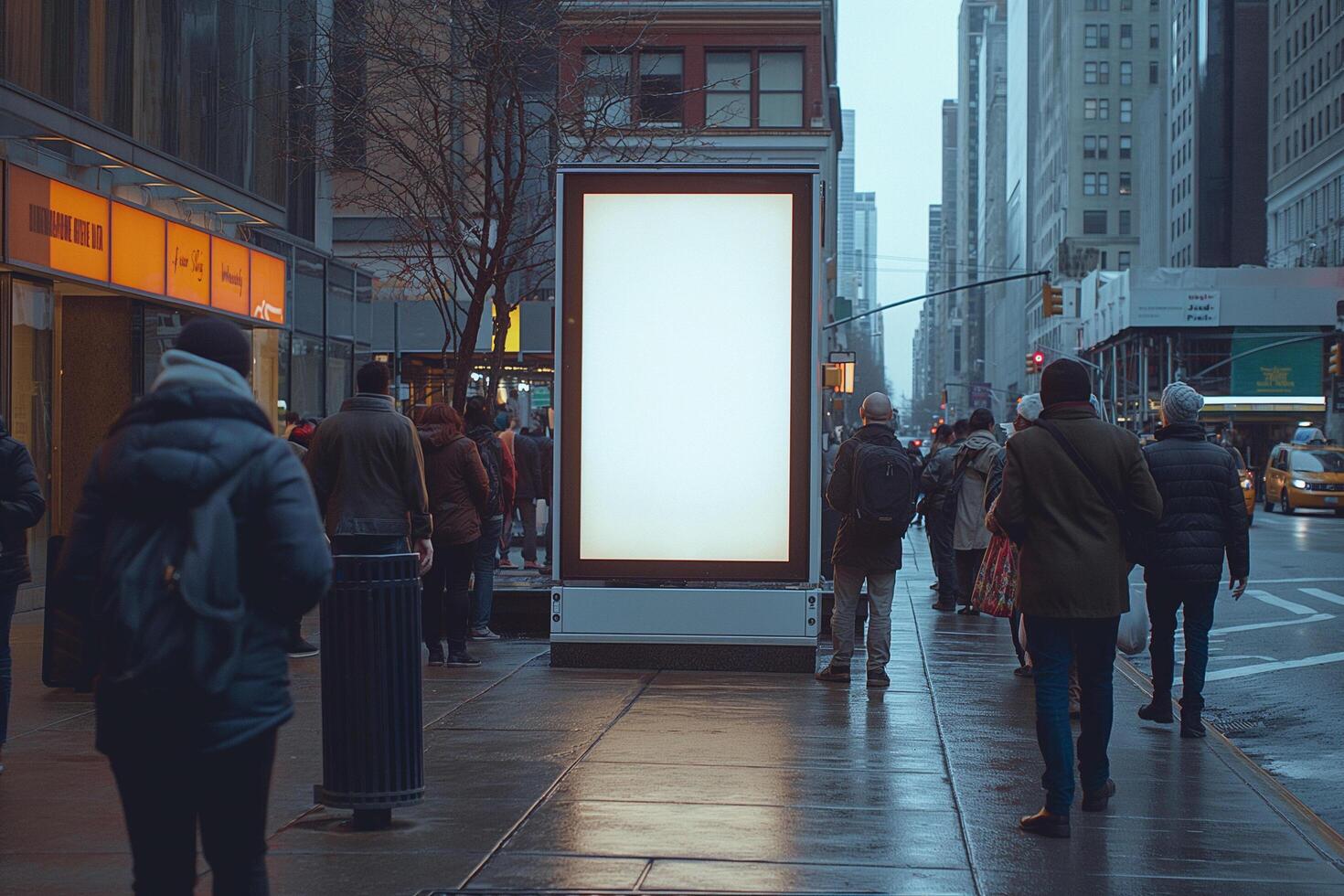 Busy city street with people walking past a large, blank advertising billboard on a cloudy day photo