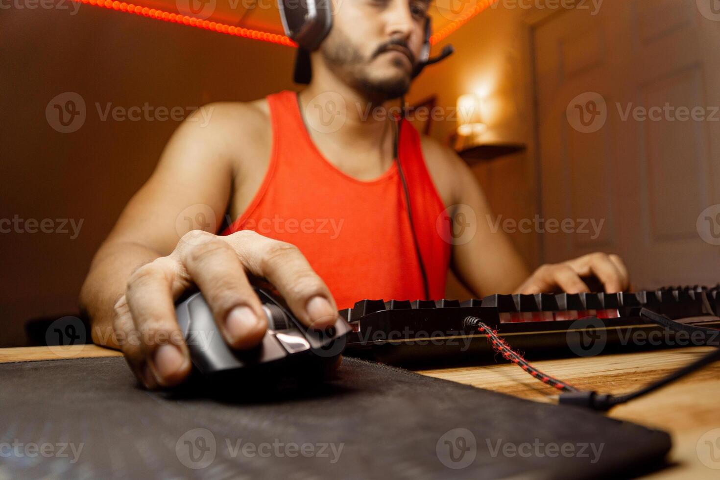 Closeup of a professional mouse pad and keyboard. Tecnology game concept. photo