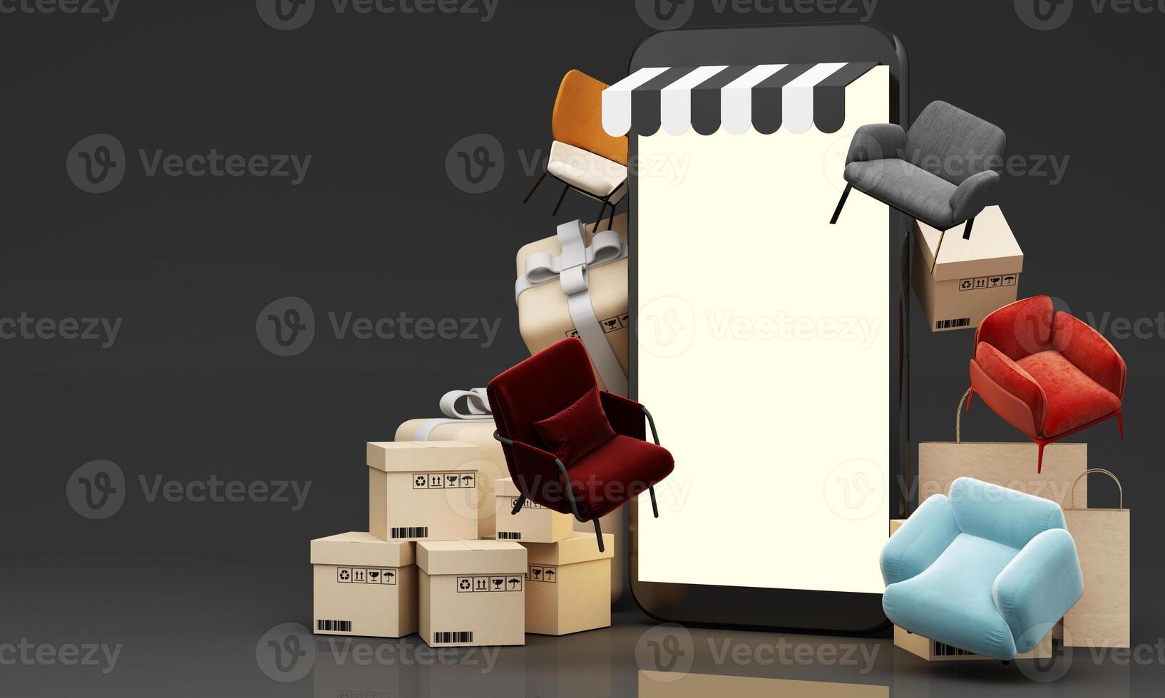 flying furniture Online shopping. furniture store interior decoration projects, buying sofas, tables via the internet, e-commerce, delivery to home from store. Banner with copy space. 3D Illustration photo