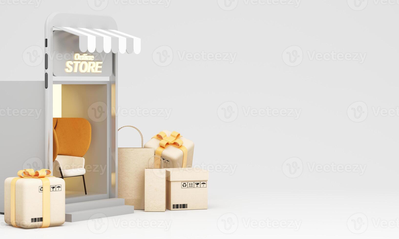 flying furniture Online shopping. furniture store interior decoration projects, buying sofas, tables via the internet, e-commerce, delivery to home from store. Banner with copy space. 3D Illustration photo