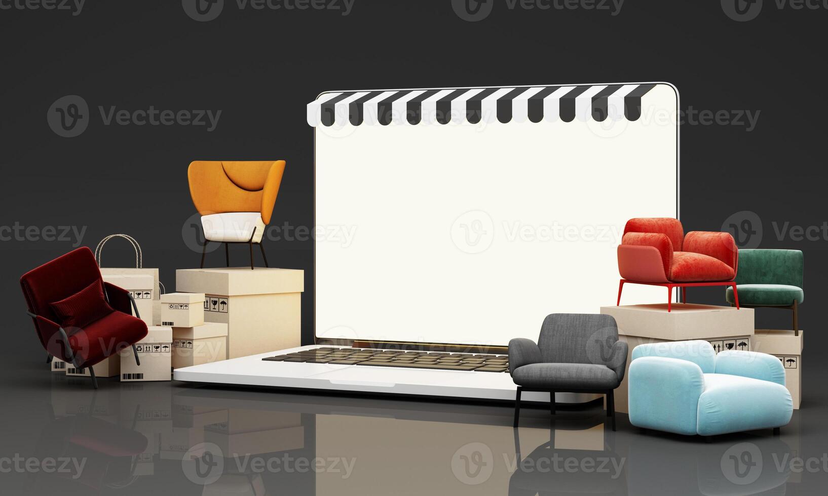 flying furniture Online shopping. furniture store interior decoration projects, buying sofas, tables via the internet, e-commerce, delivery to home from store. Banner with copy space. 3D Illustration photo