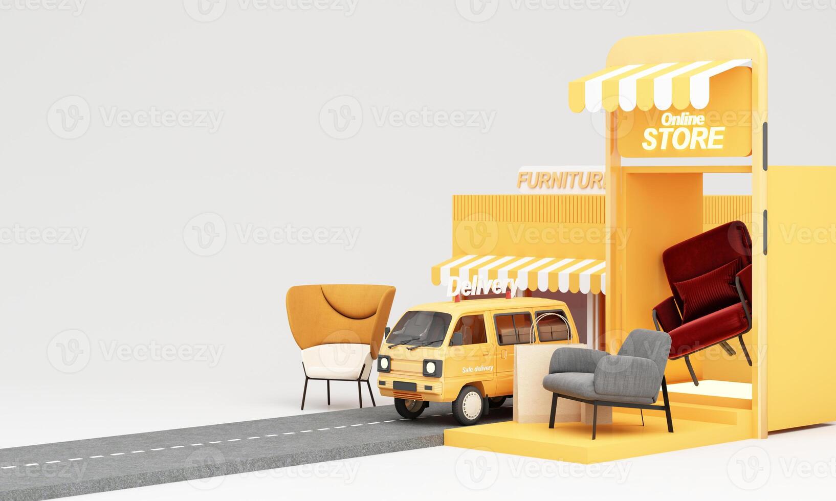 flying furniture Online shopping. furniture store interior decoration projects, buying sofas, tables via the internet, e-commerce, delivery to home from store. Banner with copy space. 3D Illustration photo