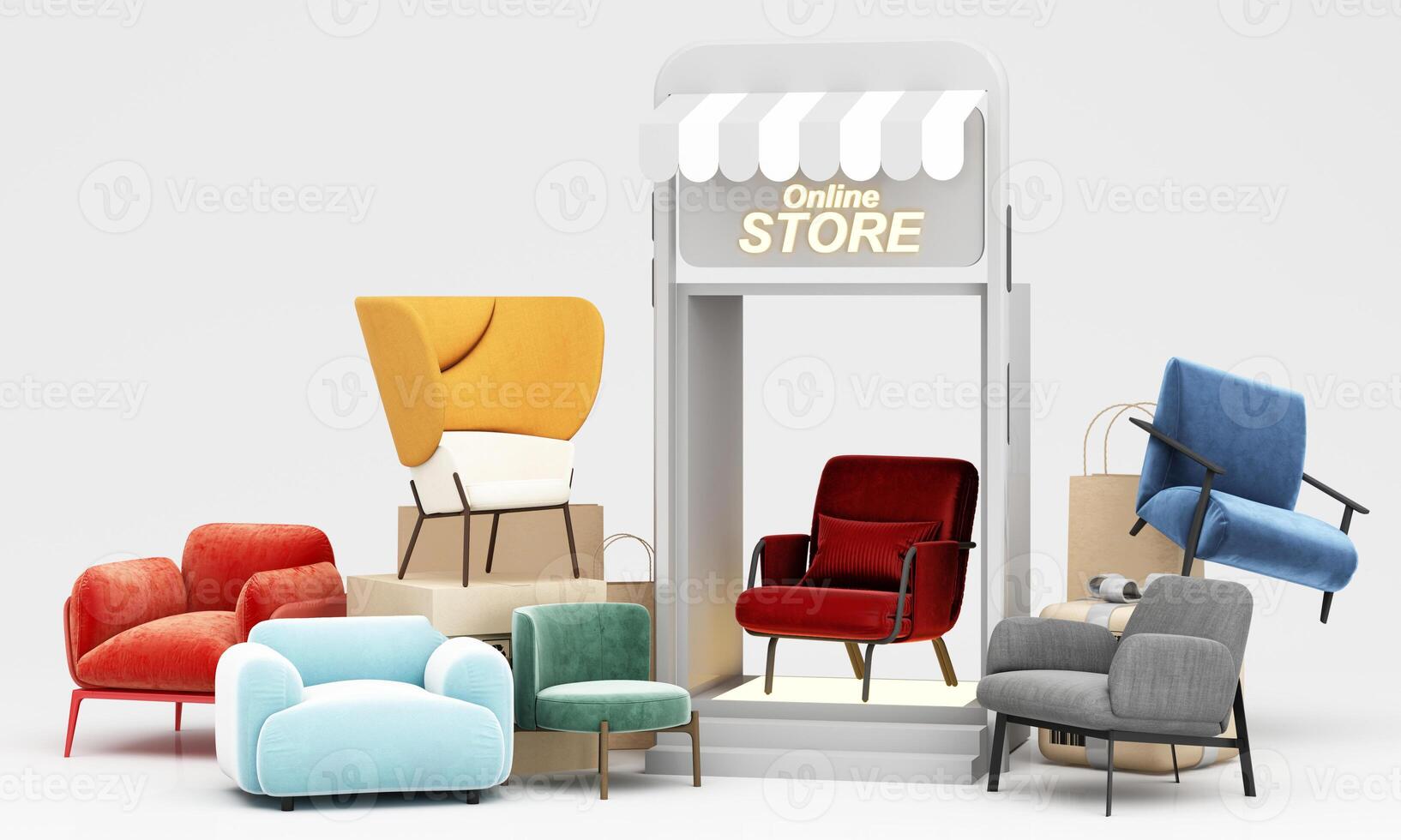 flying furniture Online shopping. furniture store interior decoration projects, buying sofas, tables via the internet, e-commerce, delivery to home from store. Banner with copy space. 3D Illustration photo