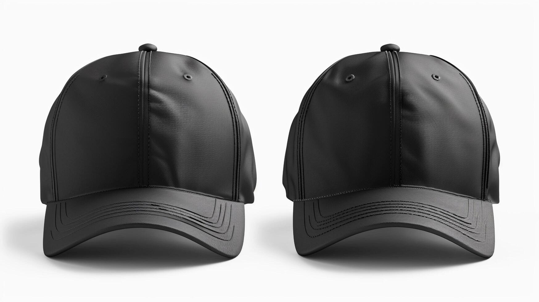 Two black baseball caps with leather brims on front and back photo