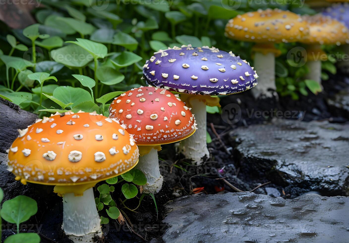 View of Beautiful different colored mushrooms in a garden photo