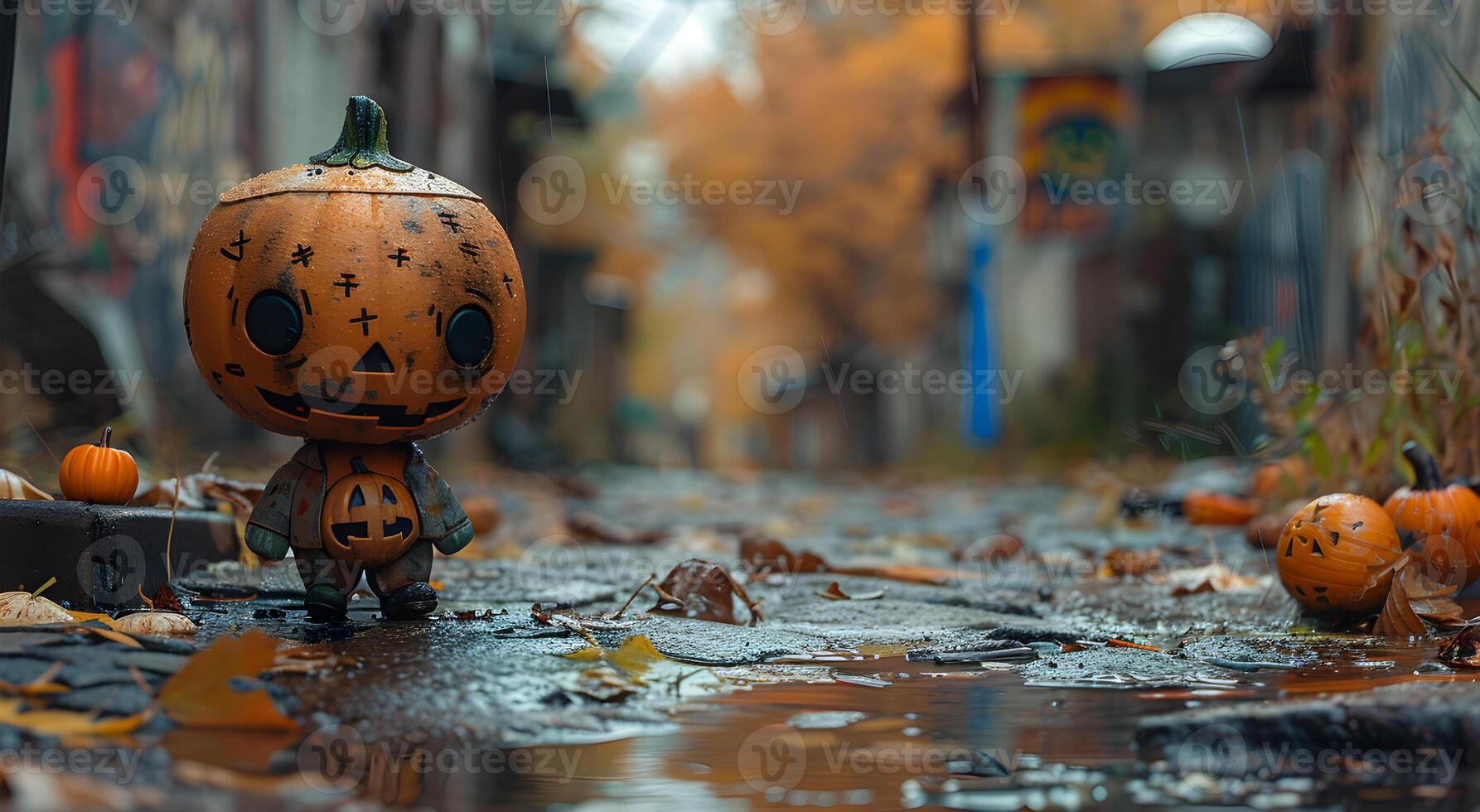 A cute Halloween day pumpkin and ghost cartoon scene photo