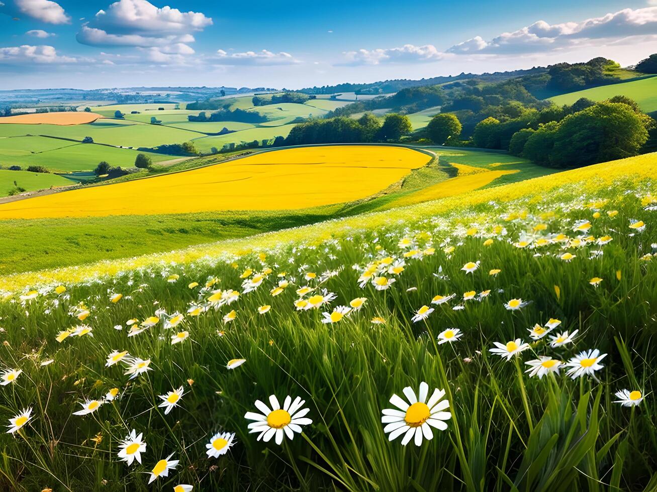 View of nature landscape with flowers field photo