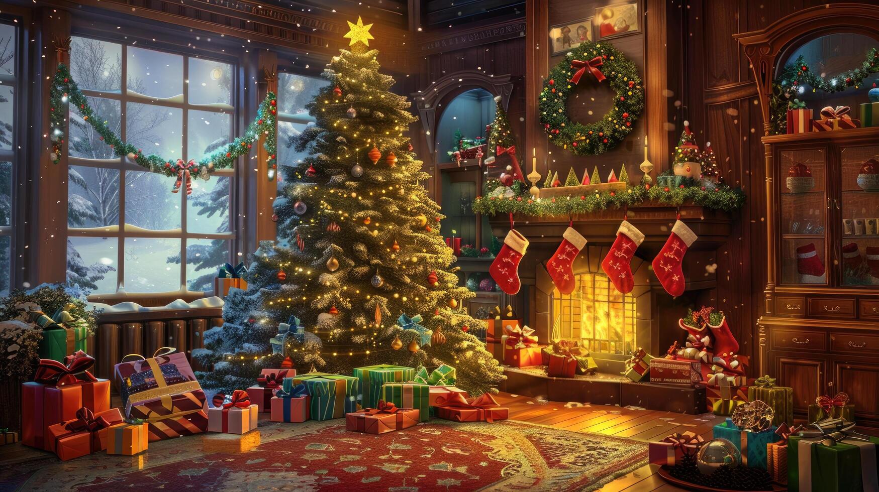 A brightly lit Christmas tree and fireplace create a warm and inviting ambiance in this festive scene photo