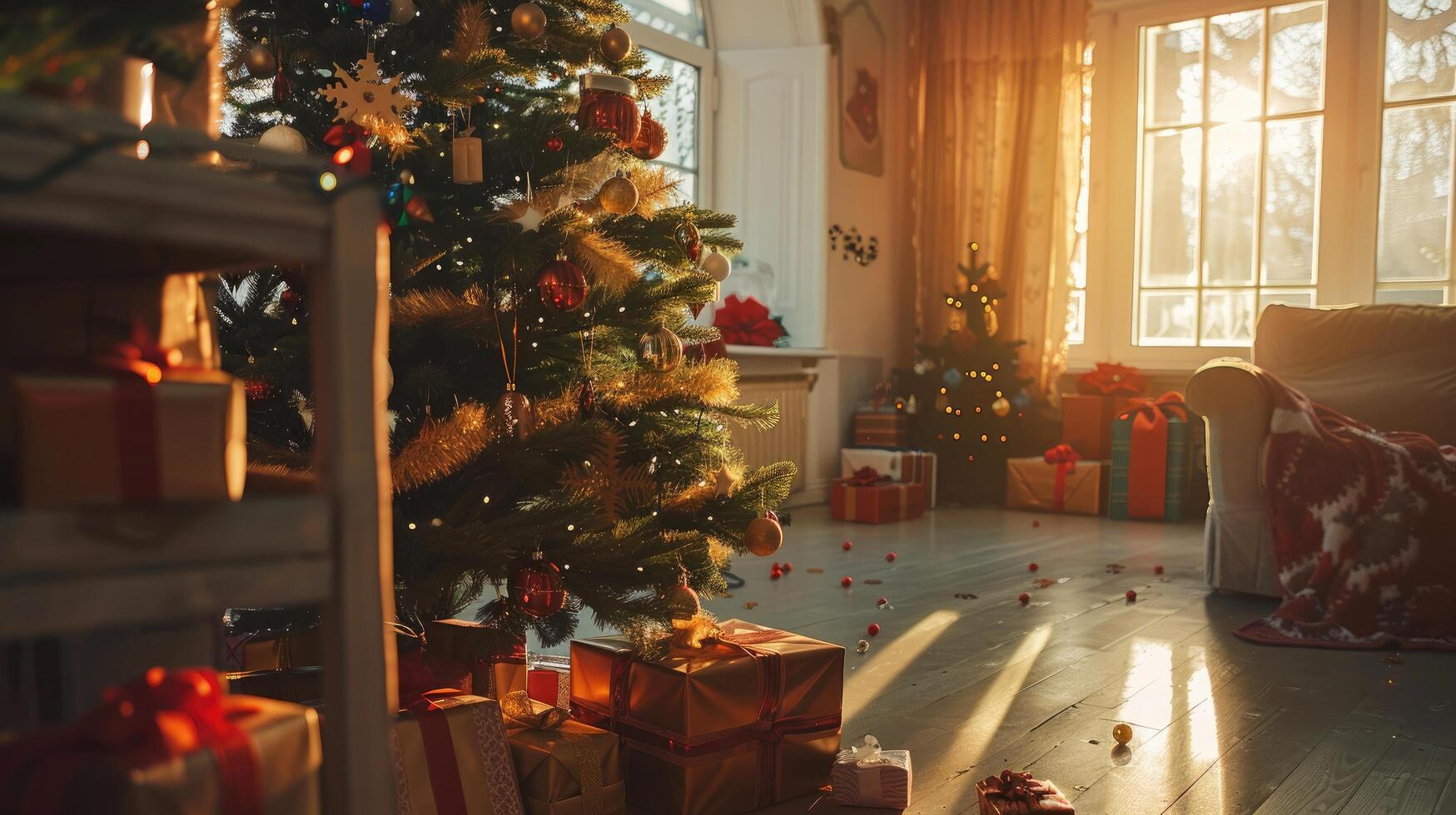 A brightly lit living room is decorated for Christmas with a tree presents and a warm glow from the window photo